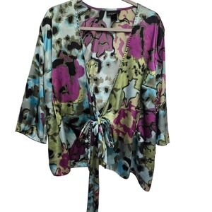 Lane Bryant Womens Kimono Wrap Top Floral Print Tie Front Dolman Sleeve